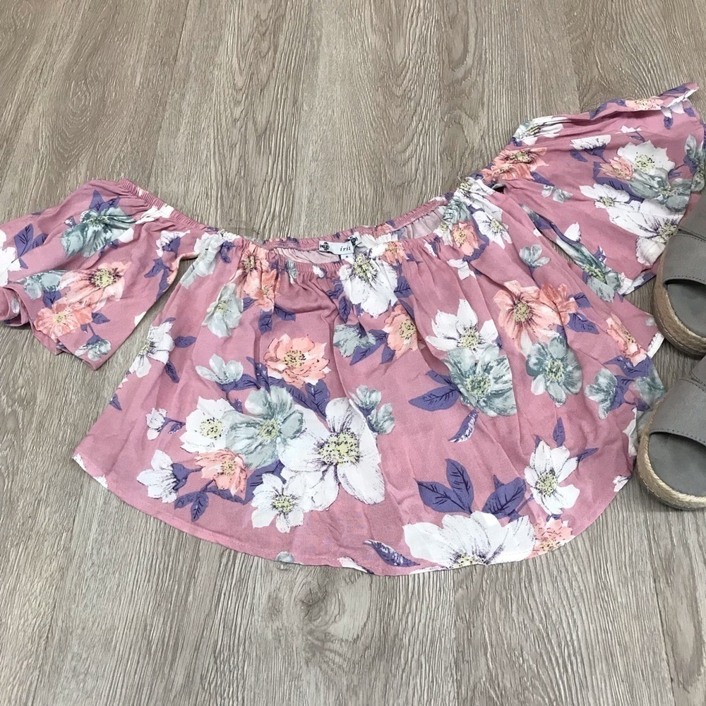 Pink Floral Cold Shoulder Ruffle Crop Top BB97